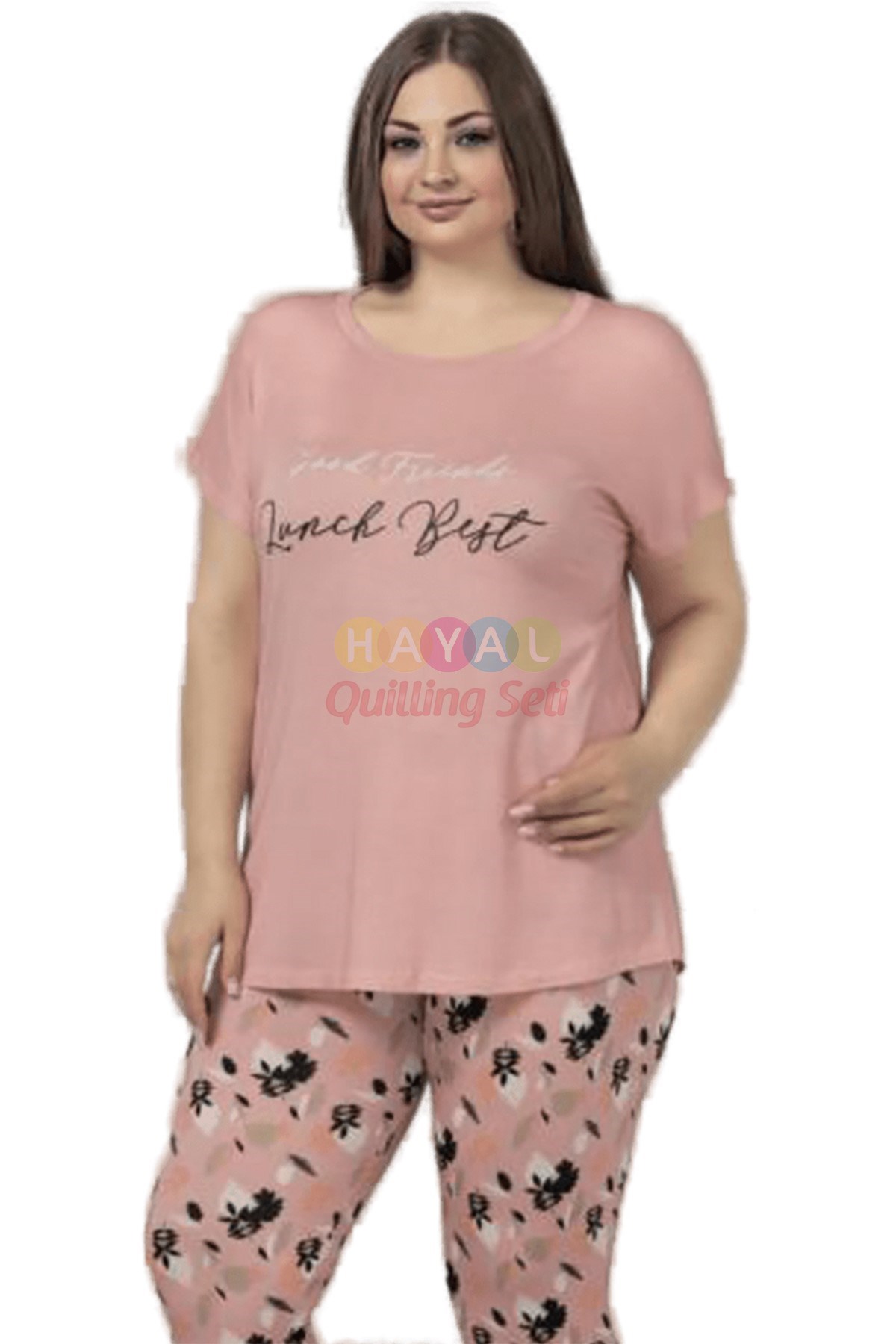 Somon Renk ve Desenli Lady 10610 Battal Büyük Beden Kapri Pijama Takımı