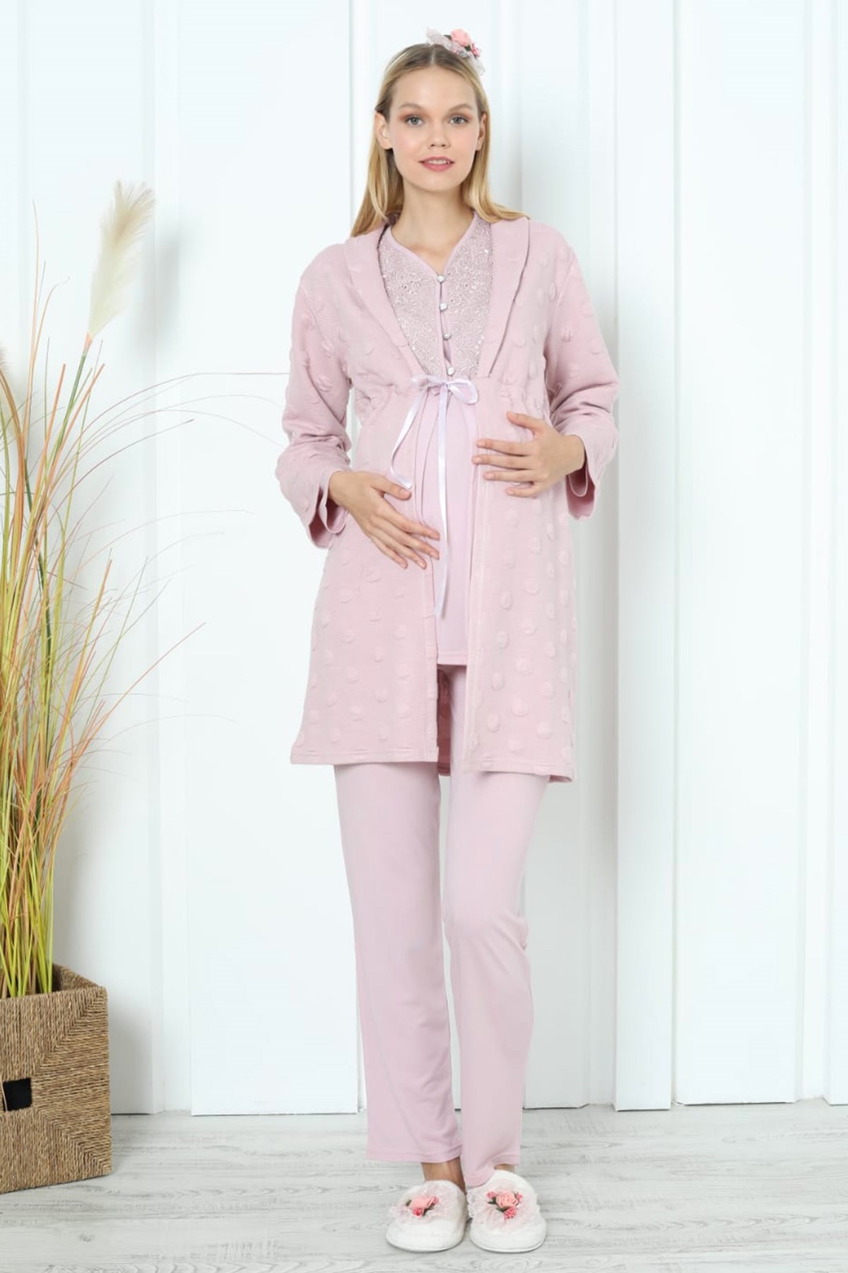 Pudra Renk Erdeniz 3392 Kışlık Wellsoft Sabahlıklı Hamile Pijama Takımı