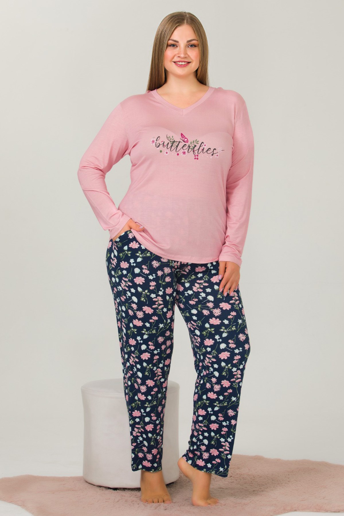 Pembe Renkli ve Çiçekli Lady 11352 Kadın Uzun Kol Büyük Beden Pijama Takımı